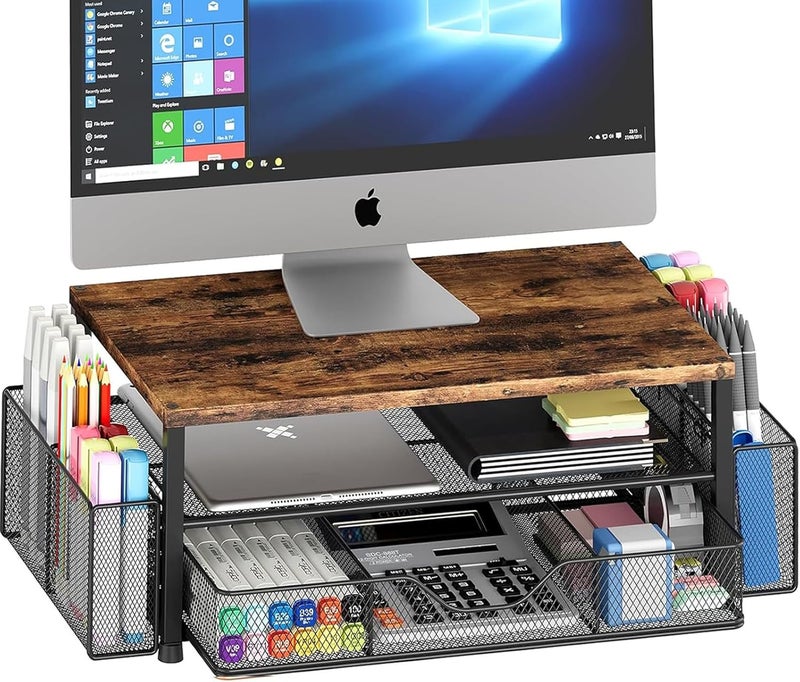 OPNICE Wood Desk Organizers and Accessories, 2-Tier Computer Monitor Stand Riser with Drawer and 2 Pen Holders, Laptop Stand, Office Desk Accessories for Office Supplies, Brown - Image 1